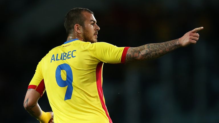 Romania's forward Denis Alibec celebrates after scoring during the international friendly football match between Romania and Ukraine at "Grande Torino Stad