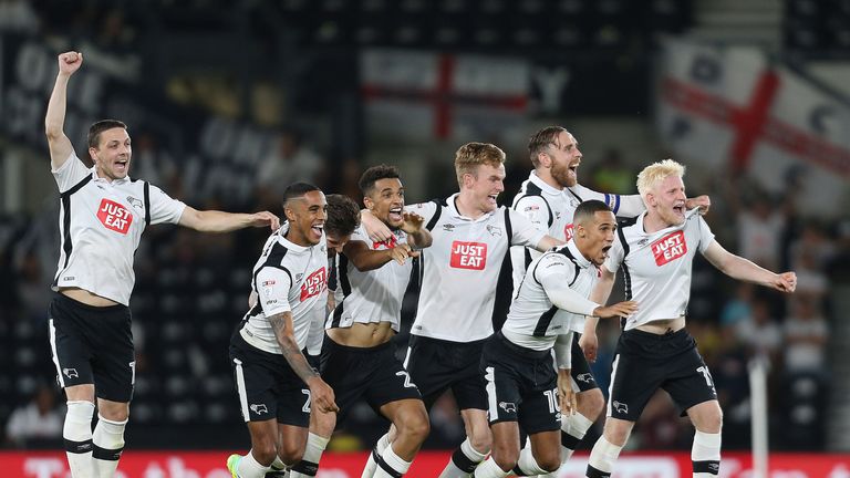 Derby County's players and penalty takers finally celebrate winning the penalty shoot out against Carlisle United