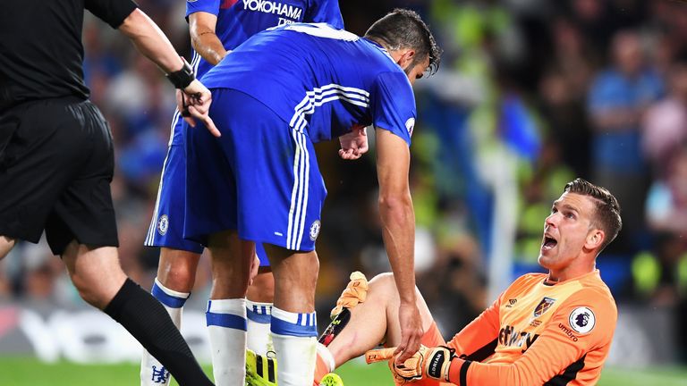 Diego Costa challenged Adrian in the second half and gave away a free-kick