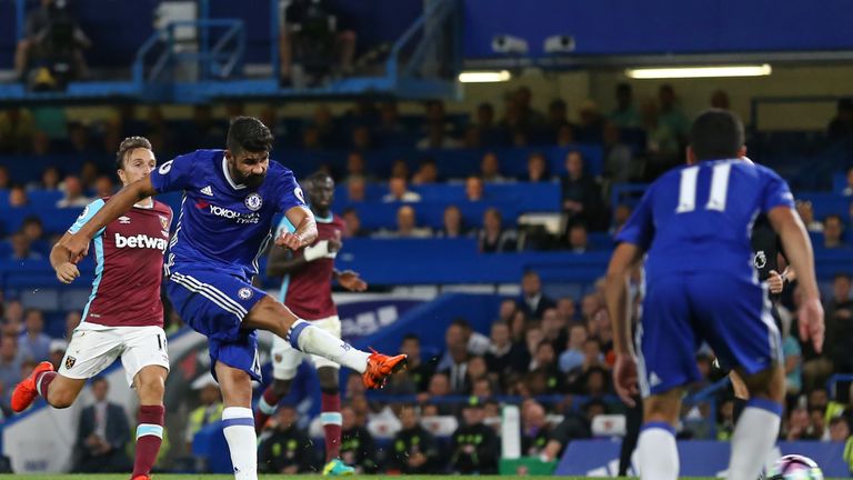 Chelsea's Brazilian-born Spanish striker Diego Costa (2nd L) shoots to score their second goal during the English Premier League football match between Che