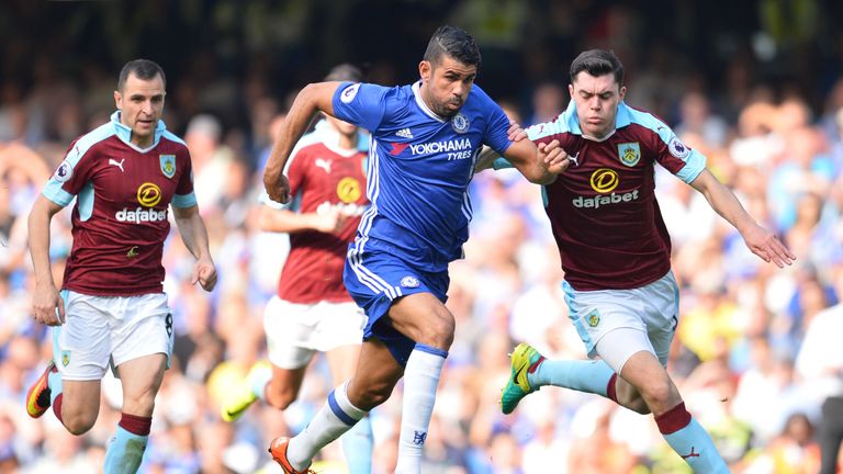 Diego Costa (C) in action during the game between Chelsea and Burnley at Stamford Bridge