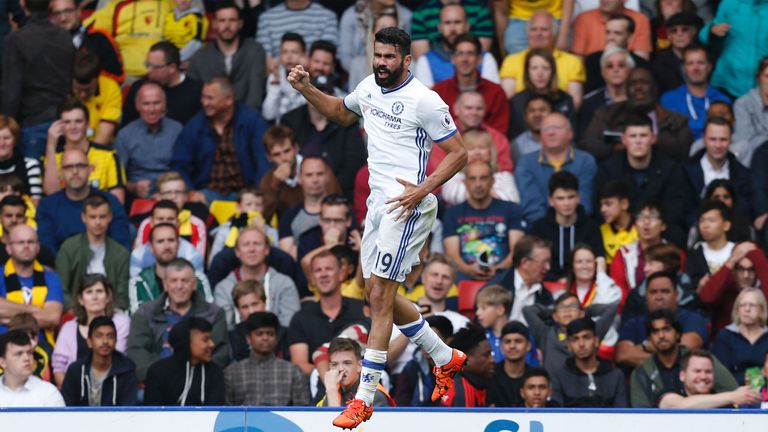 Chelsea's Brazilian-born Spanish striker Diego Costa celebrates scoring their second goal during the English Premier League football match between Watford 