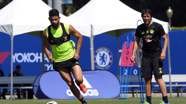 LOS ANGELES, CA - JULY 25: Diego Costa, Antonio Conte  of Chelsea during a training session on July 25, 2016 in Los Angeles, California. (Photo by Darren W