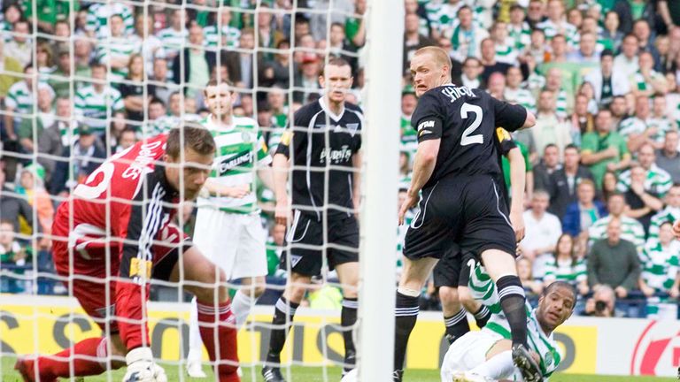 Dorus de Vries can only look on as the grounded Jean-Joel Perrier-Doumbe scores Celtic's winning goal in the 2007 Scottish Cup final