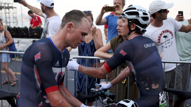 Chris Froome (L) and Geraint Thomas (R), reflect on a disappointing road race at the end of the course  