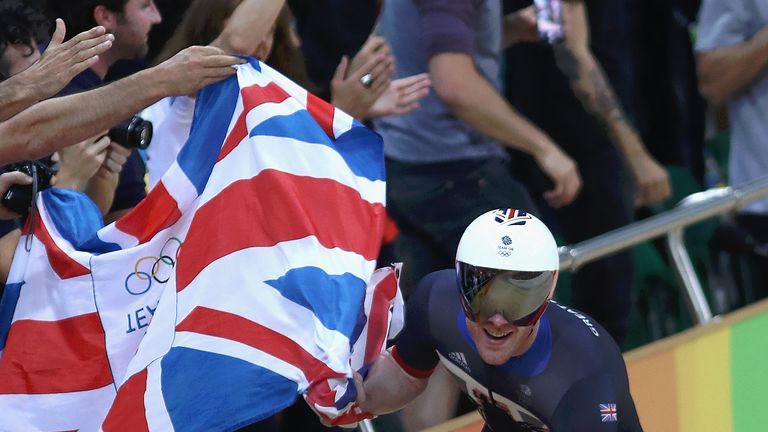 RIO DE JANEIRO, BRAZIL - AUGUST 12:  Edward Clancy, Steven Burke, Owain Doull and Bradley Wiggins of Team Great Britain celebrates winning the gold medal a