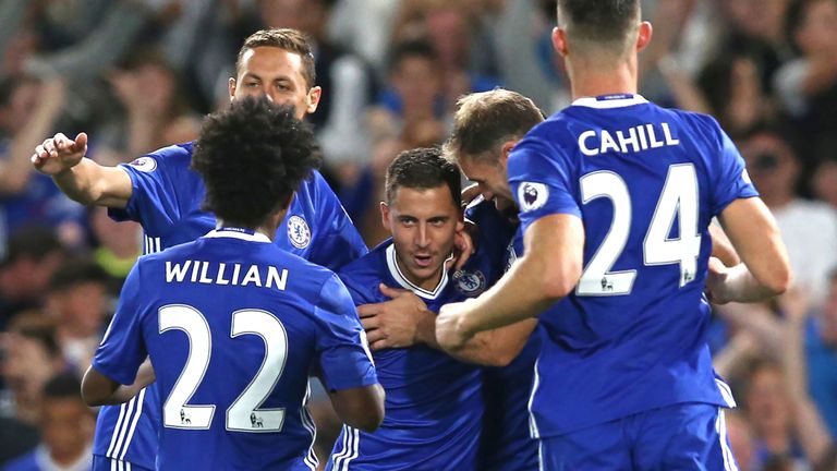 Eden Hazard (C) celebrates with teammates after scoring the opening goal