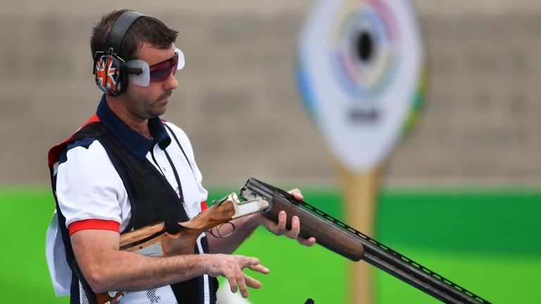 Bronze medal Great Britain's Edward Ling competes during the Men's trap shooting event at the Rio 2016 Olympic Games at the Olympic Shooting Centre in Rio 