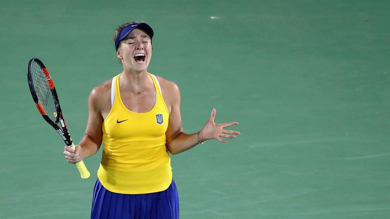 Elina Svitolina celebrates after her shock win over Williams