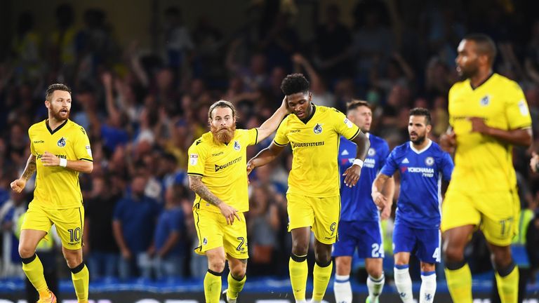Ellis Harrison of Bristol Rovers celebrates after scoring against Chelsea in the EFL Cup
