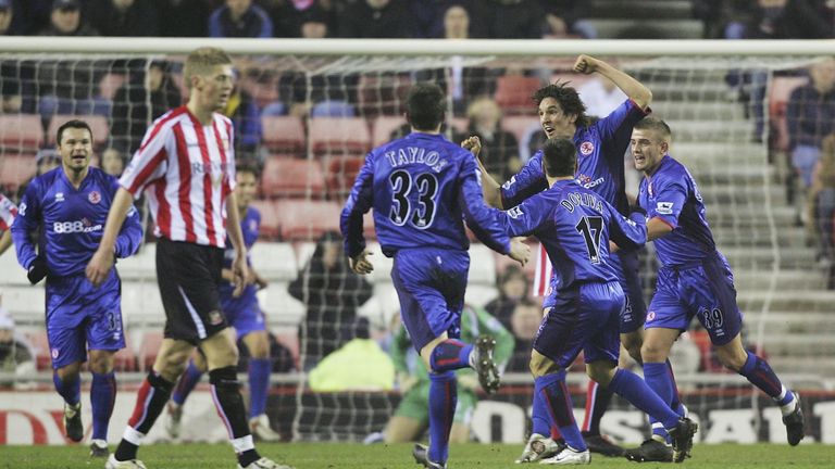 SUNDERLAND, ENGLAND - JANUARY 31 2006: Emanuel Pogatetz of Middlesbrough celebrates his Premier League goal against Sunderland