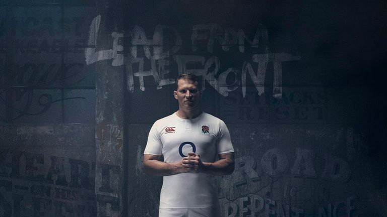 Dylan Hartley models England's new home kit