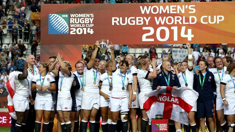PARIS, FRANCE - AUGUST 17:  England Captain Katy Mclean and Sarah Hunter hold the trophy after England win the IRB Women's Rugby World Cup 2014 Final betwe