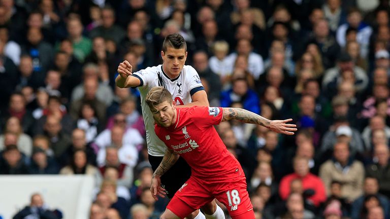 Tottenham Hotspur's Erik Lamela battles for the ball with Liverpool's Alberto Moreno during the Premier League match at White Hart Lane in October 2015