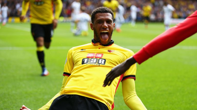 Etienne Capoue of Watford celebrates scoring his side's first goal against Chelsea