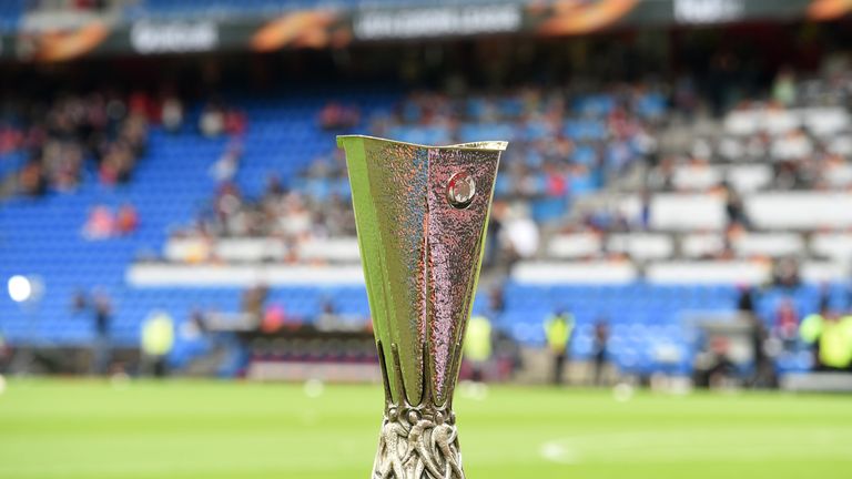 A picture taken on May 18, 2016 shows the UEFA Europa League trophy prior to the final football match between Liverpool FC and Sevilla FC at the St Jakob-P