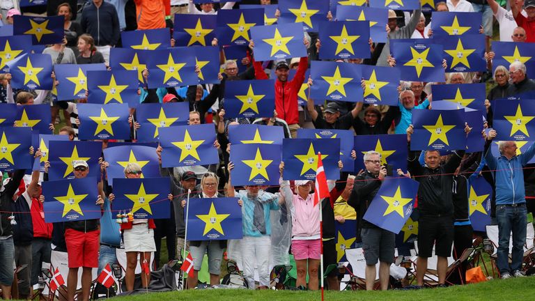 The fans on Himmerland Hill normally hold up Danish flags, but the Go Europe placards greeted Darren Clarke