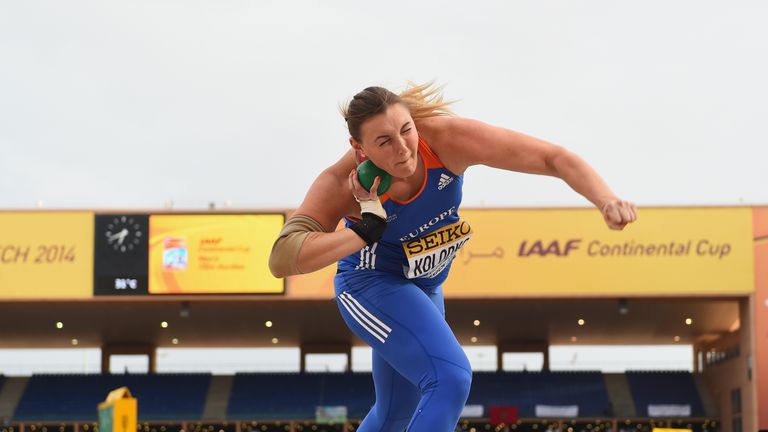 MARRAKECH, MOROCCO - SEPTEMBER 14:  Evgenila Kolodko of Russia and Europe in action in the Womens Shot Put during the IAAF Continental Cup Day 2 at the Sta