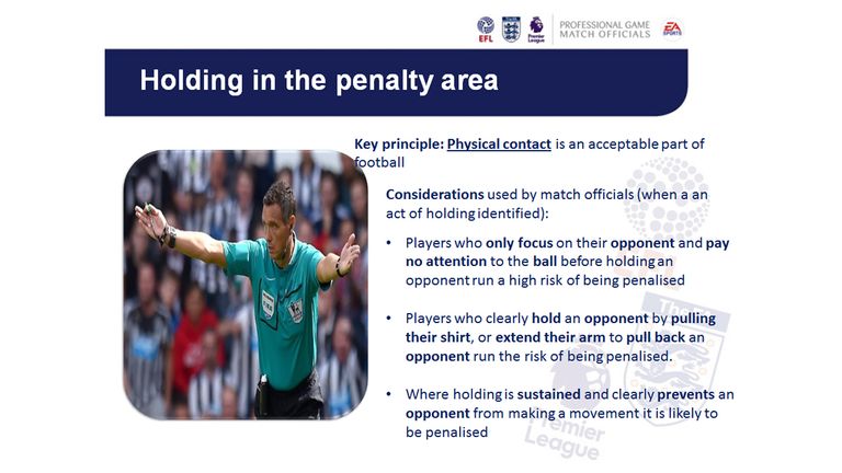An FA refereeing directive on holding in the penalty area which was presented to players and managers before the 2016/17 Premier League season