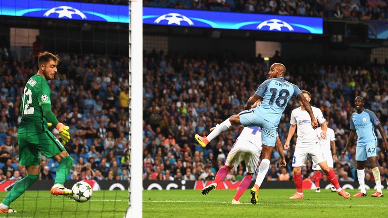 Fabian Delph scores the opening goal of the game