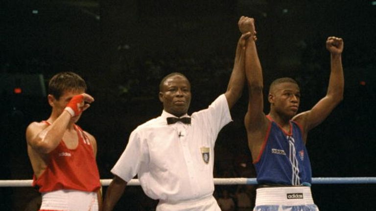 22 Jul 1996: Floyd Mayweather of the USA beats B. Tileganev of Kazahkstan in the 57kg boxing tournament at Alexander Memorial Coliseum of Georgia Tech Univ