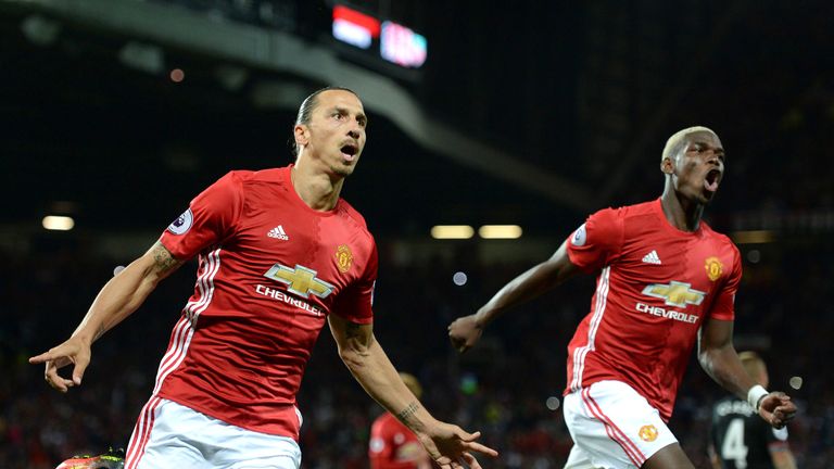 Zlatan Ibrahimovic (L) celebrates with Paul Pogba after scoring United's second goal