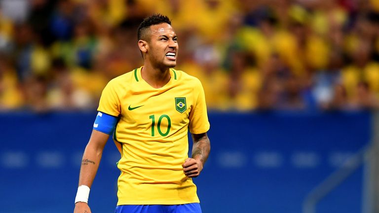 Brazil's player Neymar reacts during the Rio 2016 Olympic Games Men's First Round Group A football match against Iraq