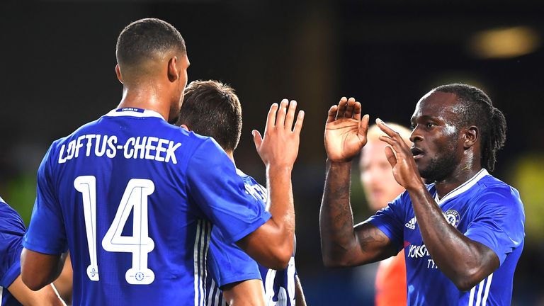 Victor Moses (R) celebrates with Ruben Loftus-Cheek after scoring Chelsea's second goal 