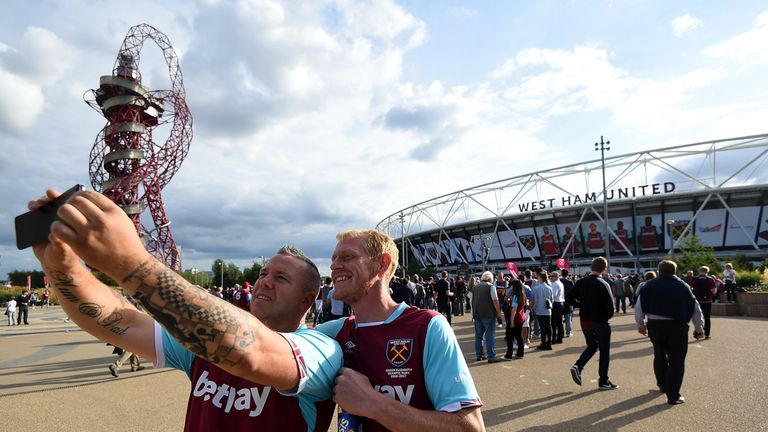 STRATFORD, ENGLAND - AUGUST 04:  West Ham United fans take a picture prior to the UEFA Europa League Qualification round match between West Ham United and 