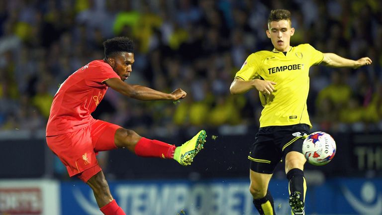 Daniel Sturridge shoots at goal during the EFL Cup second round match at Burton Albion