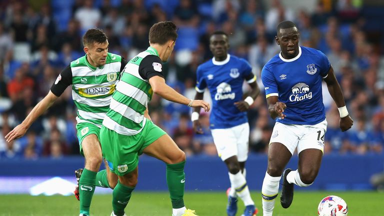 Yannick Bolasie of Everton goes past Liam Shephard of Yeovil Town