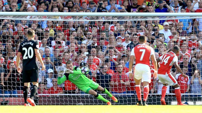 Theo Walcott (right) has a penalty saved by Liverpool goalkeeper Simon Mignolet