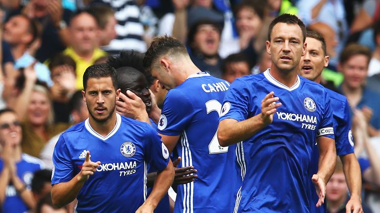 Eden Hazard celebrates scoring Chelsea's first goal with his team-mates