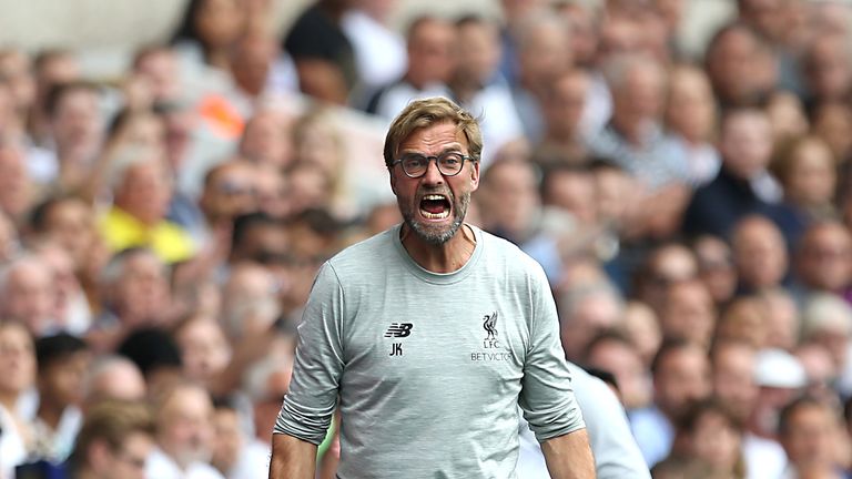 Jurgen Klopp reacts on the touchline during the Premier League match at White Hart Lane