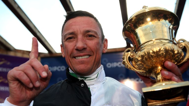Jockey Frankie Dettori celebrates after riding Golden Horn to victory in the QIPCO Irish Champion Stakes 