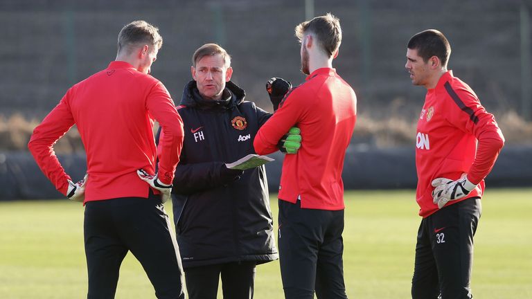 Frans Hoek with Manchester United's goalkeepers (including David de Gea and Victor Valdes) on January 9, 2015 in Manchester, England.