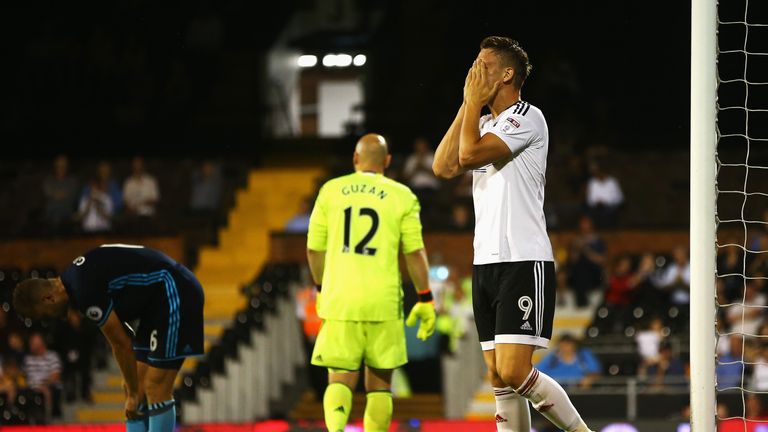 Matt Smith of Fulham reacts after failing to score during the EFL Cup second round match between Fulham and Middlesbrough