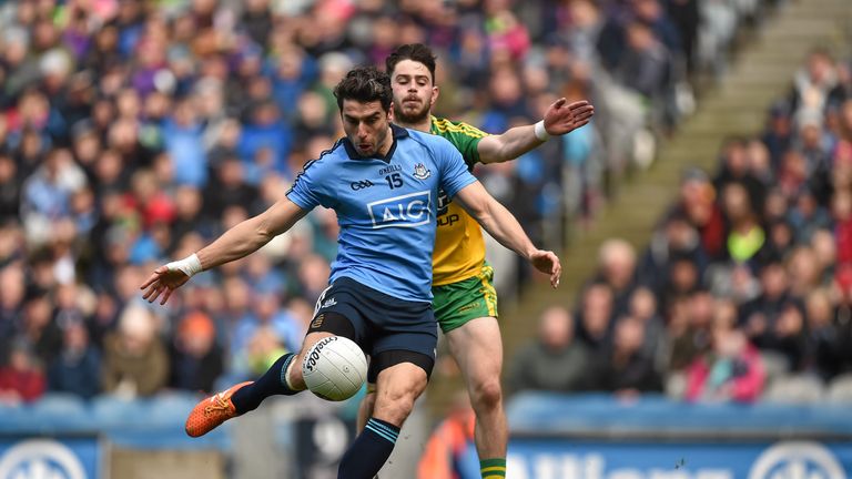 Bernard Brogan holds off Ryan McHugh to score a goal against Donegal in the 2016 National League semi-final