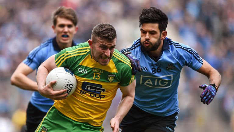 Patrick McBrearty, in action against Dublin's Cian O'Sullivan during the 2016 National League semi-final