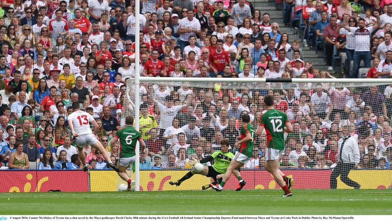 Connor McAliskey of Tyrone has a shot saved by the Mayo goalkeeper David Clarke 