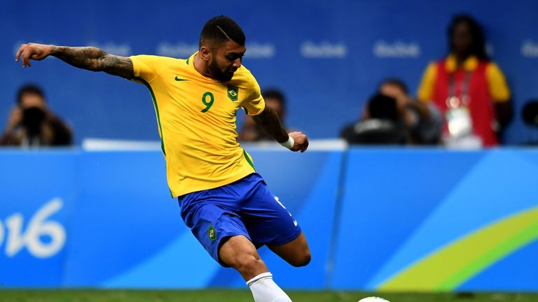 Brazil's player Gabriel Barbosa kicks the ball during the Rio 2016 Olympic Games Men's First Round Group A football match against Iraq, at the Mane Garrinc