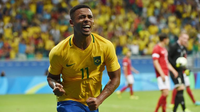 Gabriel Jesus of Brazil celebrates his goal against Denmark during the Rio 2016 Olympic Games mens first round Group A football match Brazil vs Denmark, at