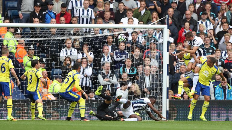 WEST BROMWICH, ENGLAND - AUGUST 20: Gareth McAuley of West Bromwich Albion (not in picture) scores during the Premier League match between West Bromwich Al