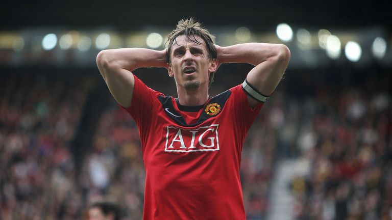 Gary Neville shows his disappointment after the Premier League match between Manchester United and Chelsea at Old Trafford on April 3, 2010