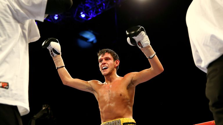 SHEFFIELD, ENGLAND - MARCH 28:  New champion Gavin McDonnell of Great Britain celebrates his victory over Oleksandr Yegorov of Ukraine during the vacant eu