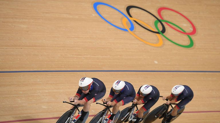 Britain's Laura Trott, Britain's Joanna Rowsell-Shand, Britain's Katie Archibald and Britain's Elinor Barker cycle during the women's Team Pursuit first ro