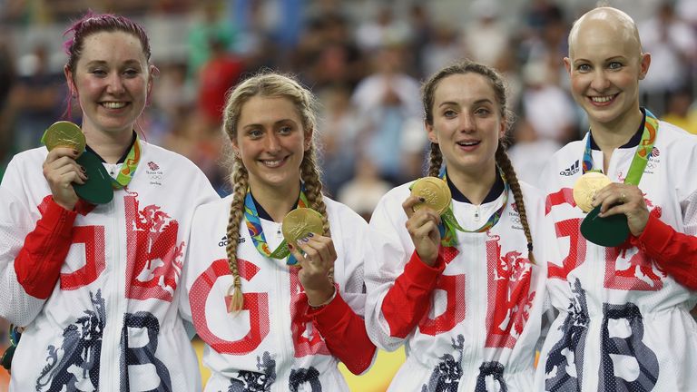 (L-R) Pursuit gold medallists Katie Archibald, Laura Trott, Elinor Barker and Joanna Rowsell-Shand