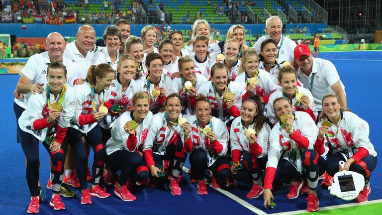 RIO DE JANEIRO, BRAZIL - AUGUST 19:  Team Great Britain pose with their gold medals after defeating Netherlands in the Women's Gold Medal Match on Day 14 o