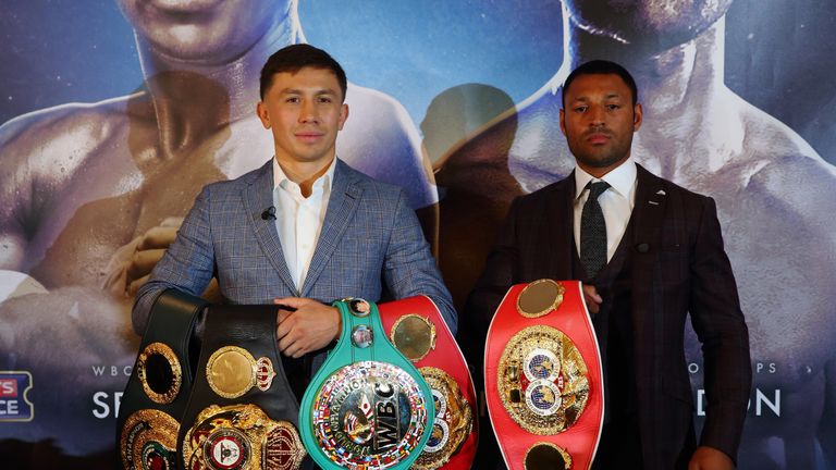 Gennady Golovkin (L) and Kell Brook (R) pose for a photo during the press conference