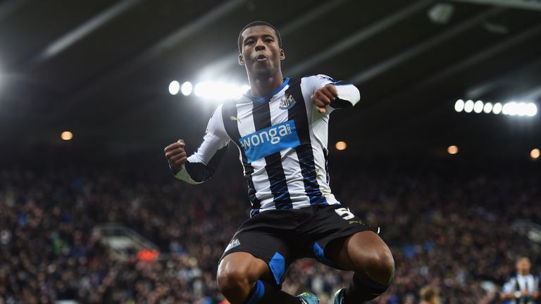 Georginio Wijnaldum celebrates after scoring for Newcastle against Liverpool